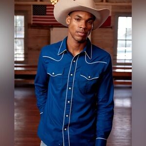 Tecovas Casual Button Down Shirt Western Pearl Snap Button Cobalt Blue Medium